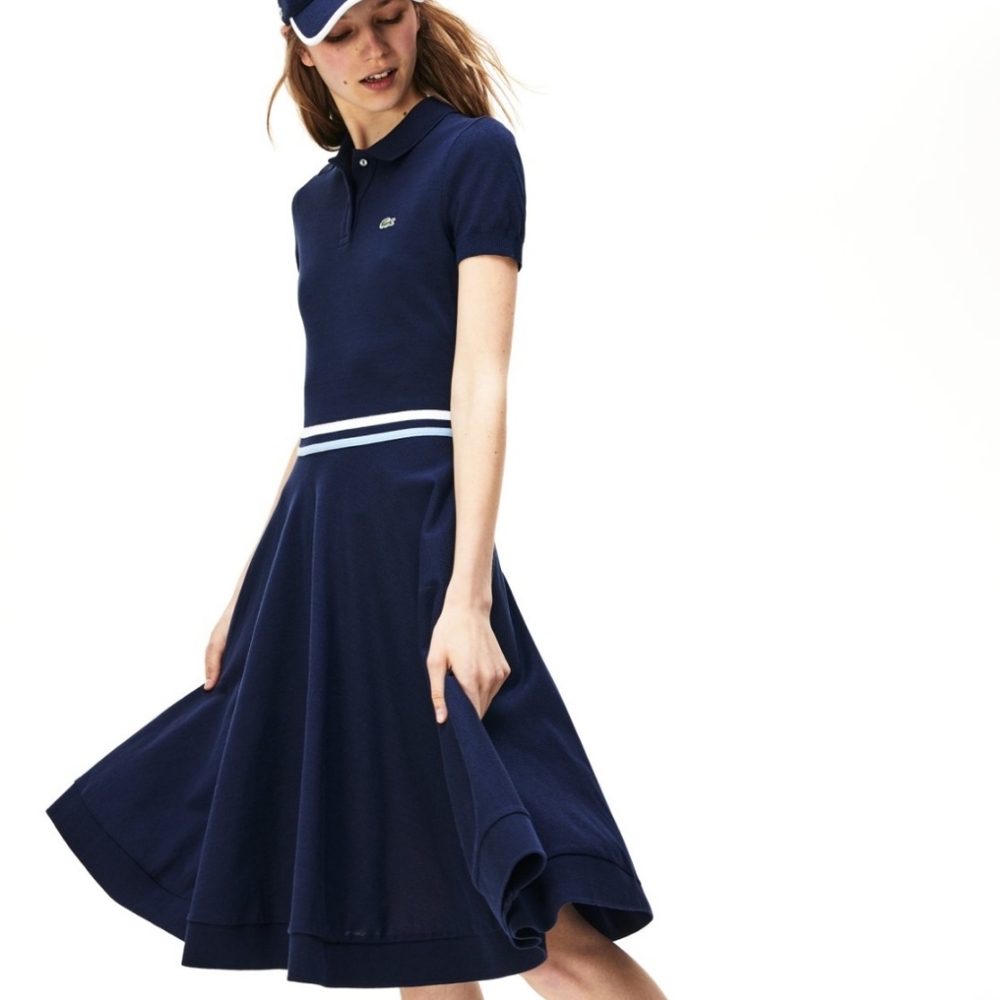 Lacoste Navy Polo Midi Dress with White Waist Stripes work dress tennis